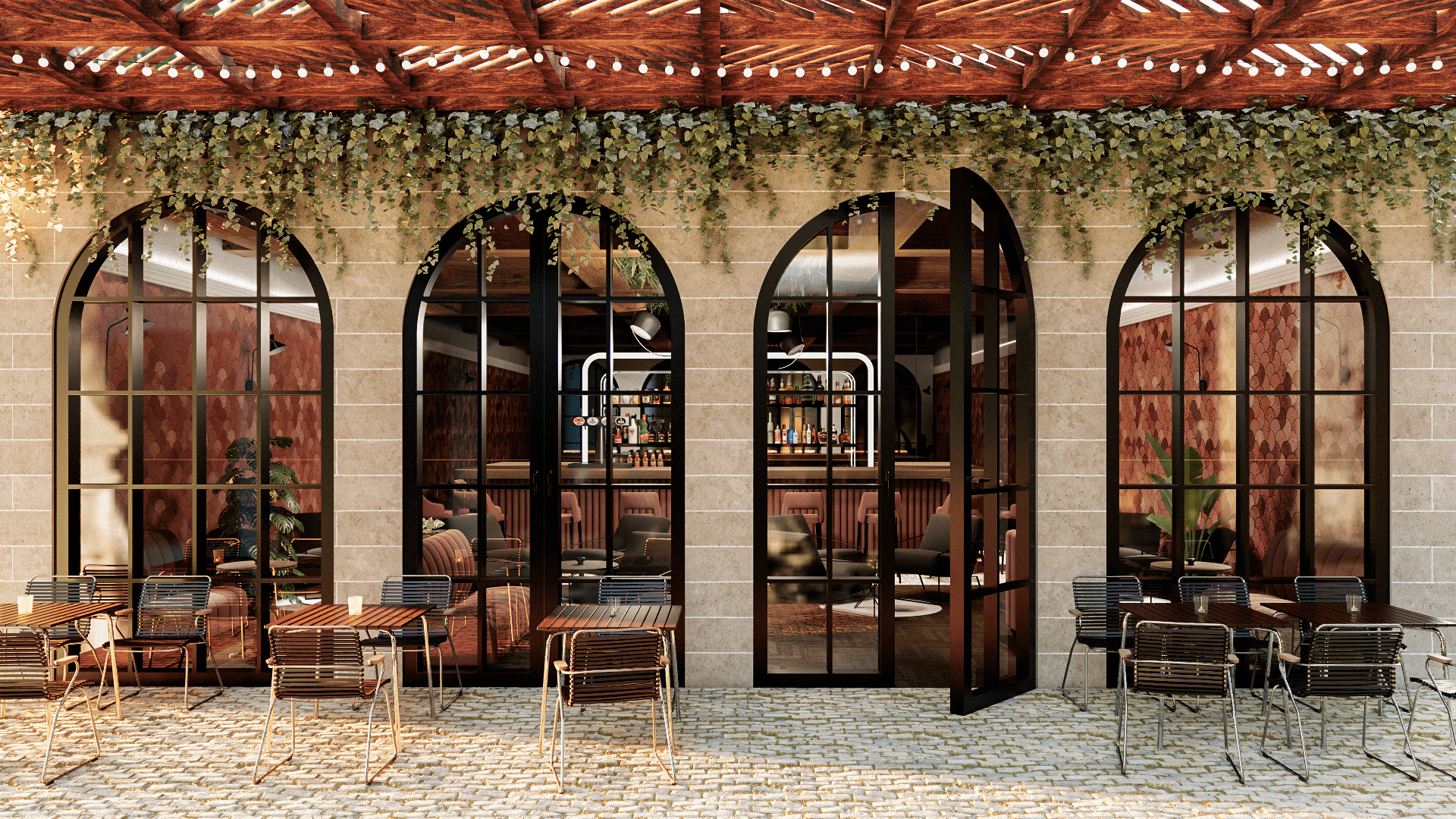 Maintenance bar lounge facade terrasse arches vitrage noir.jpg