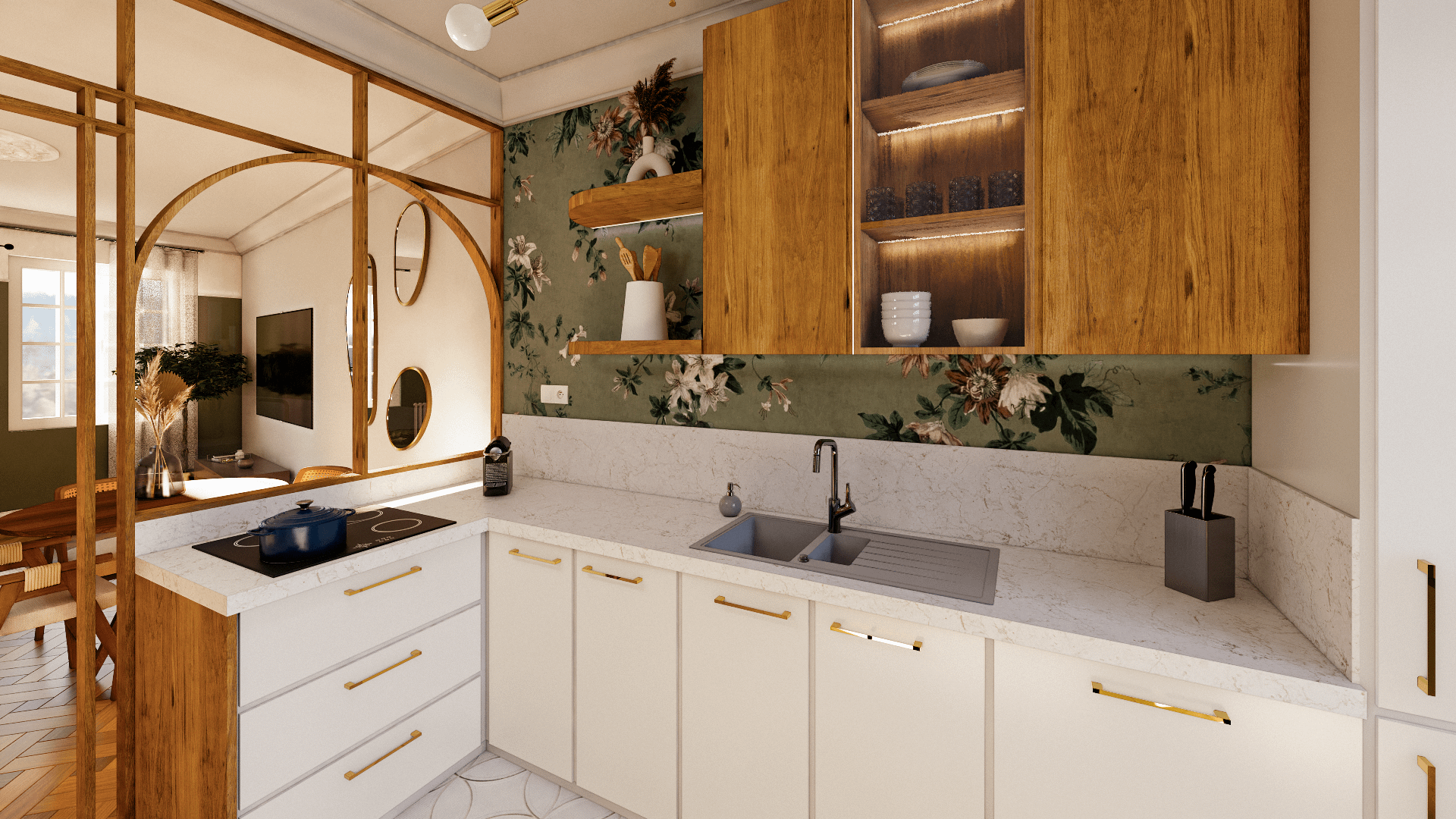 Maintenance cuisine retro chic bois verriere papier peint floral.jpg